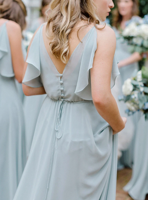 Dusty Blue Bridesmaid Dresses with Flutter Sleeves V Neck Buttons Back Bridesmaid Dresses