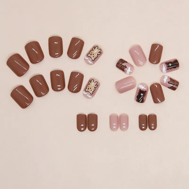 Churchf Churchf And Winter Brown Maillard Cute Bear White Fashion Versatile Finished Nail Film Ins Wind Fake Nails
