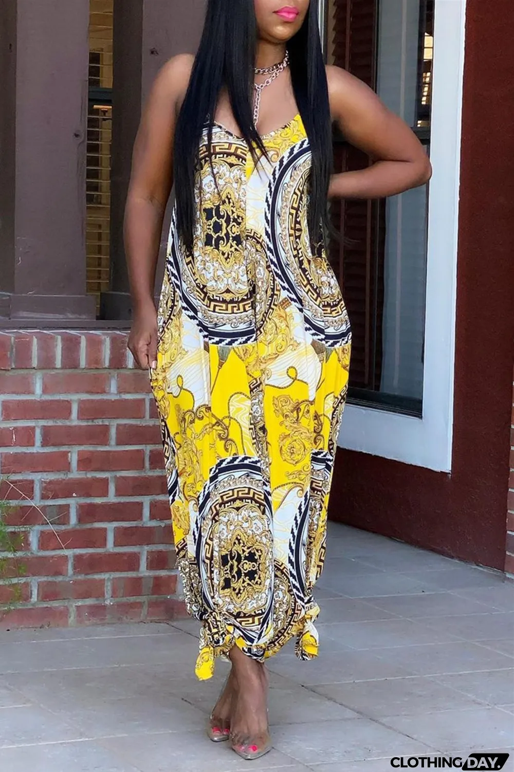 Yellow Sexy Casual Print Backless Spaghetti Strap Loose Jumpsuits