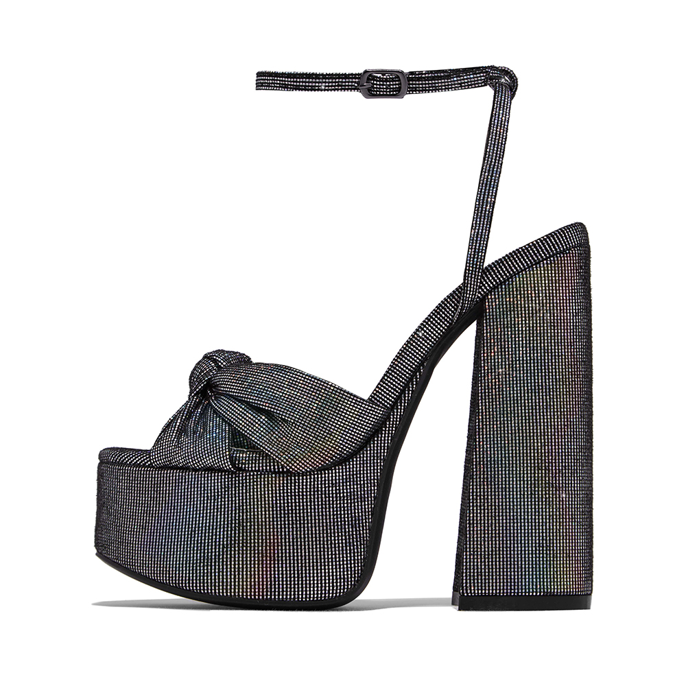 Women's Black Chunky Heel Knotted Ankle Strap Sandals with Platform Nicepairs