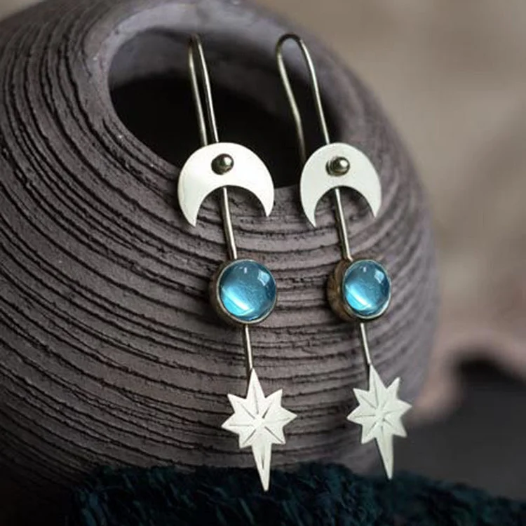 Vintage Geometric Silver Star Moon Inlaid Earrings