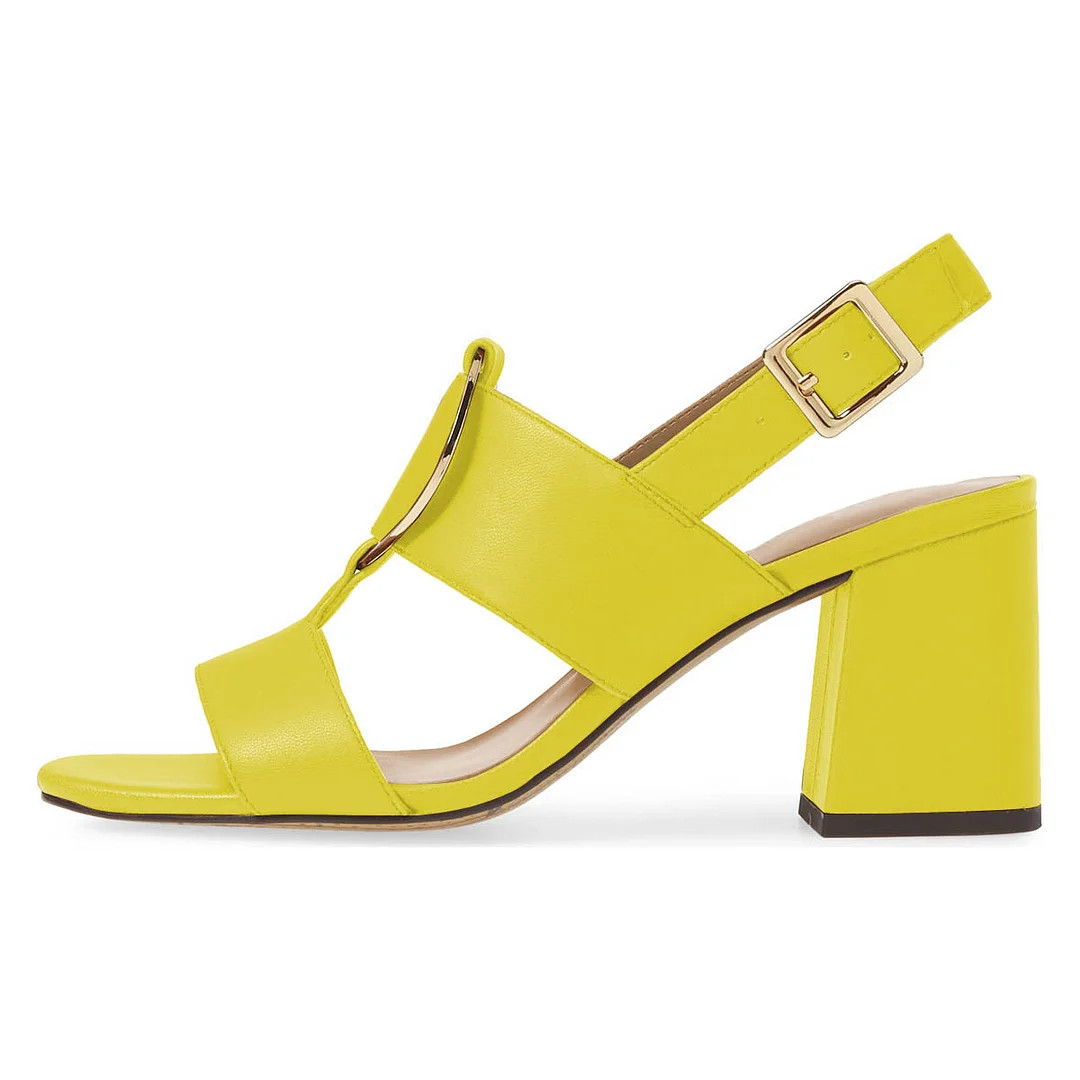 Yellow Vegan Leather Open Toe Hardware Summer Strap Heels Sandals