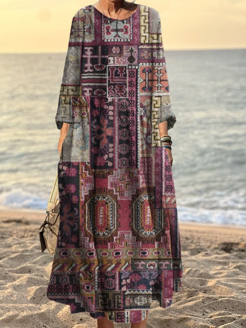 Women's Vintage Boho Style Patchwork Art Print Dress