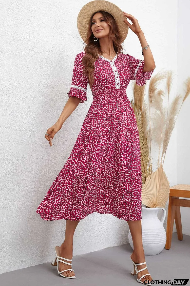 Floral V-Neck Smocked Waist Midi Dress