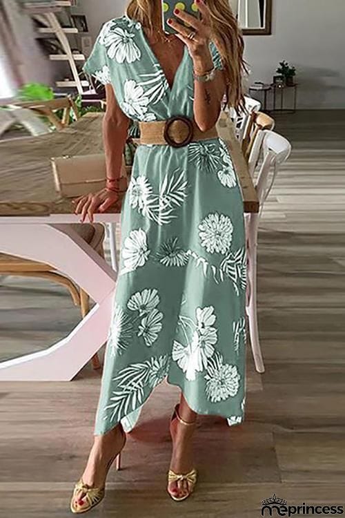 Floral Print V Neck Dress With Belt