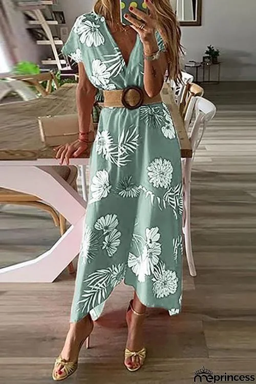 Floral Print V Neck Dress With Belt