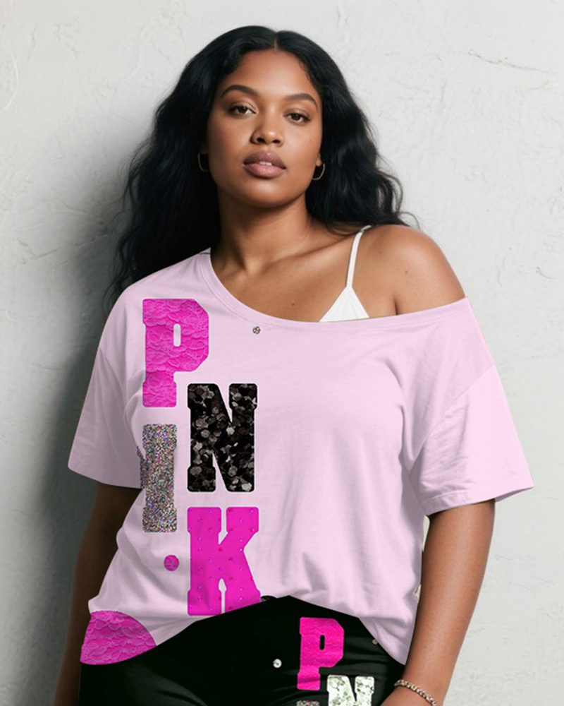 Women's Plus Size Daily Casual PINK Letter Print Short Sleeve Shorts Suit