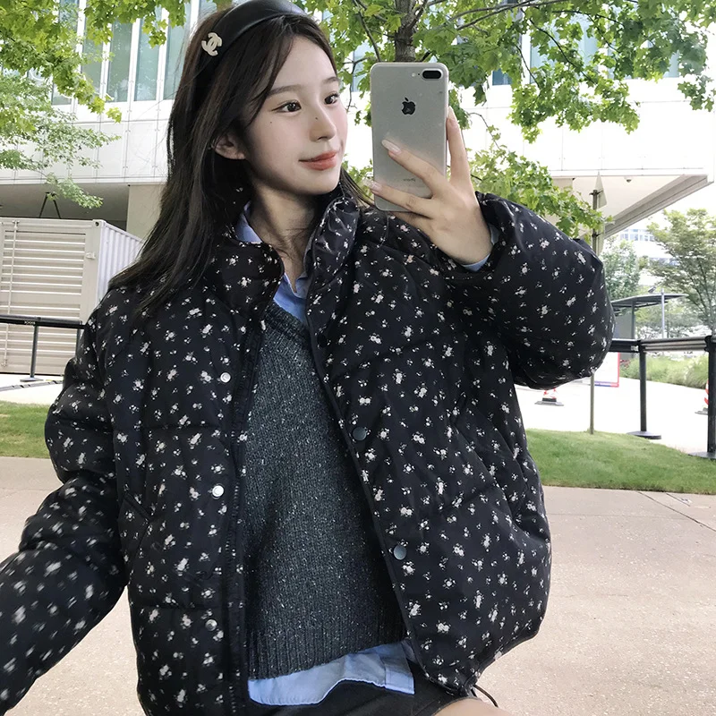 Woherb Small Flower Stand Collar Short Down Cotton Jacket 2024 New Small Bread Jacket Female Winter Korean Cotton-Padded Jacket-Outfit Ideas