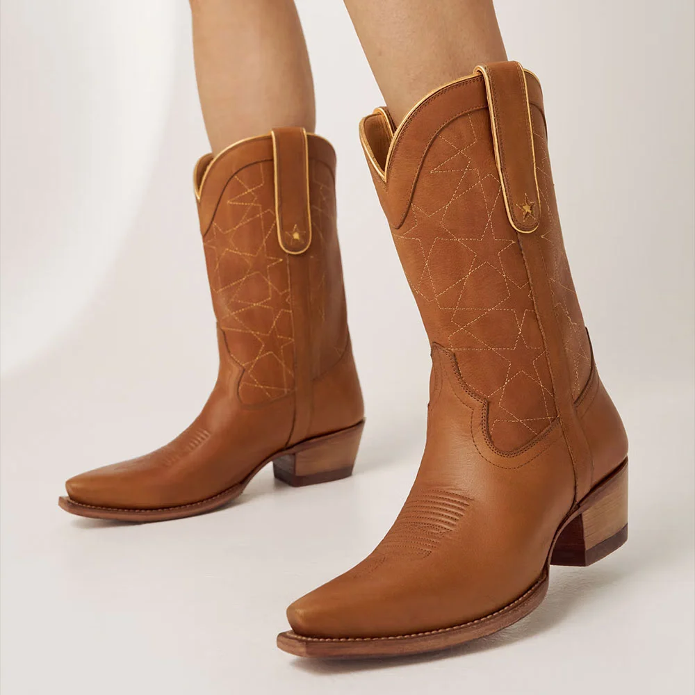 Brown Snip Toe Chunky Heel Star Stitching Mid Calf Cowgirl Boots