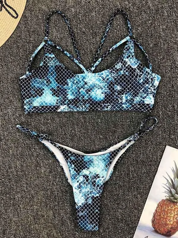 Fish Scale Printing Hollow Bandage Split Bikini Swimsuit