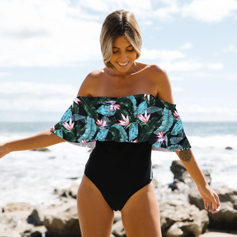 2020 One Piece Swimsuit Swimwear Women Print Ruffle Swimsuit Bodysuit Monokini Female Padded Bathing Suits Beach Wear Summer