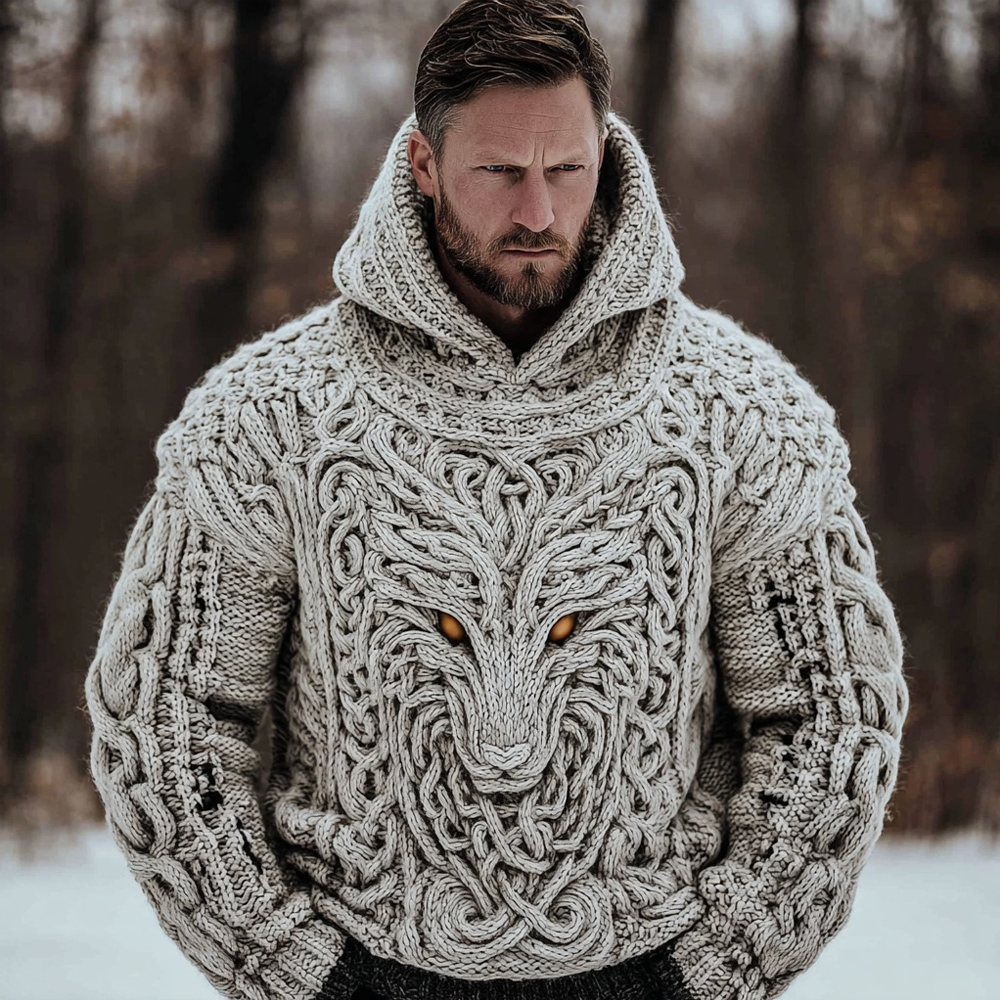 Men's Viking Celtic Dragon Pattern Chunky Knit Hooded Sweater elevenforest