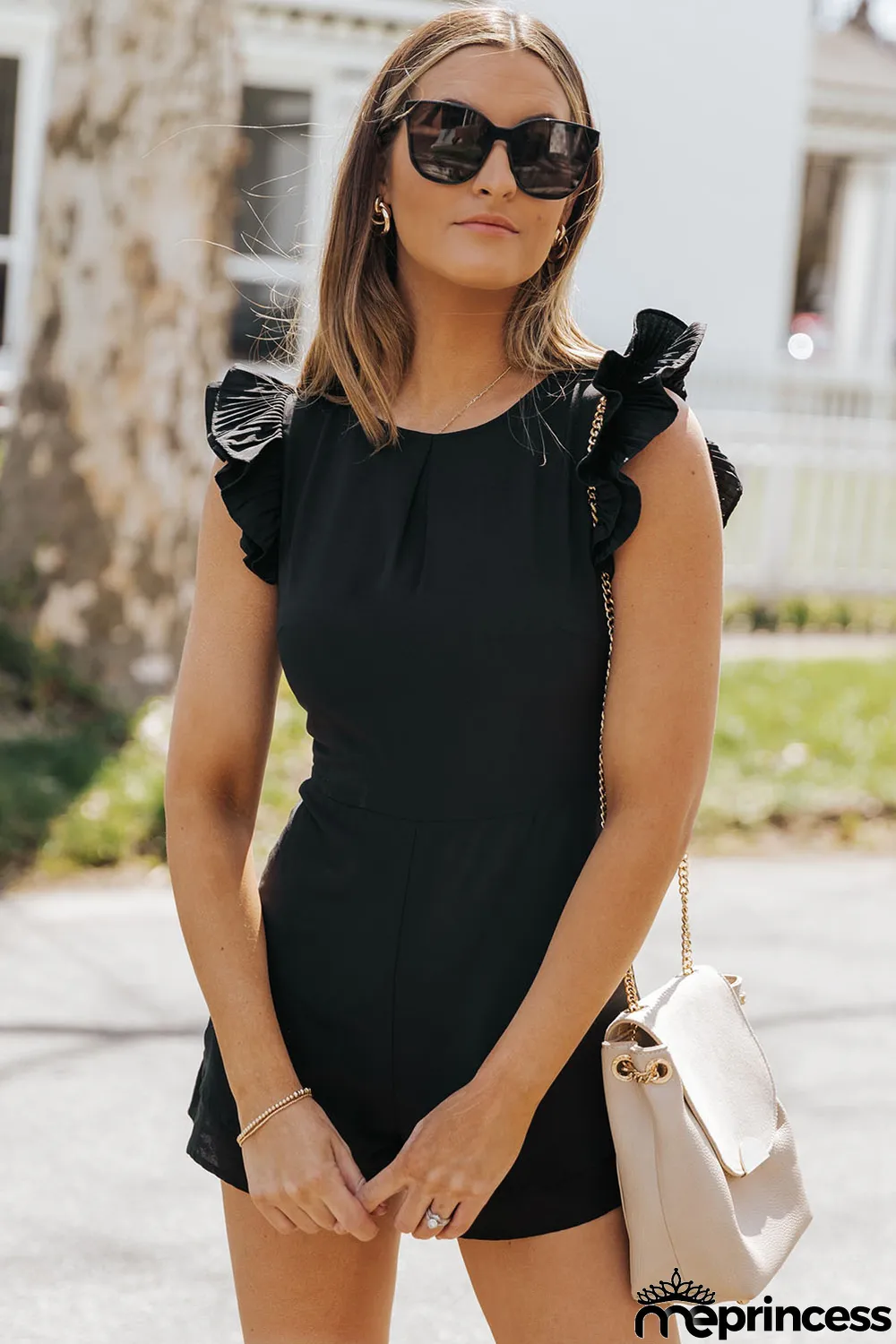 Black Ruffle Sleeves Solid Romper
