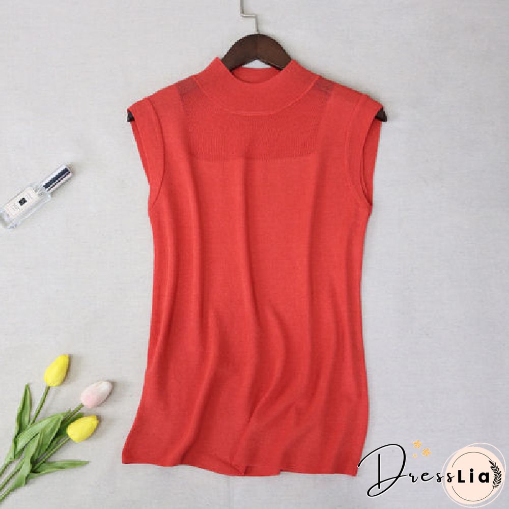 Hollow Out Sleeveless Women Knitted T Shirts Turtleneck Black Lace Sexy Lady Vest T Shirts Pink Loose Summer Thin Knit Tops