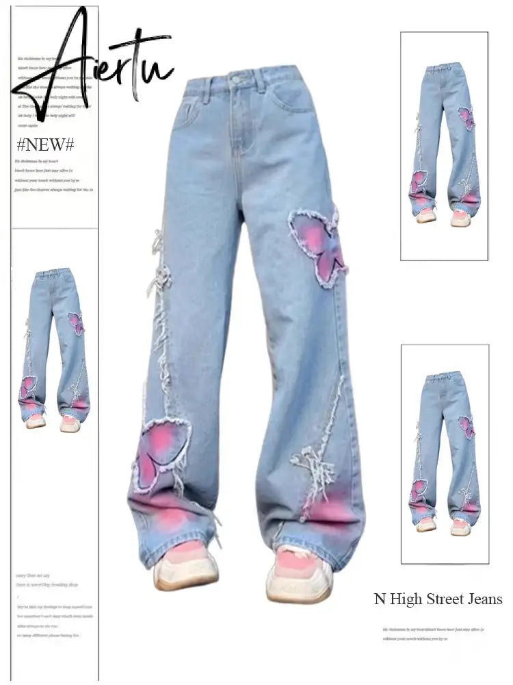 High Waist Jeans Women Y2k Baggy Butterfly Tie Dye Punk Wide Leg Denim Pants