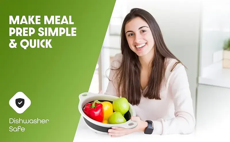 Dishwasher-safe collapsible colander used for meal preparation