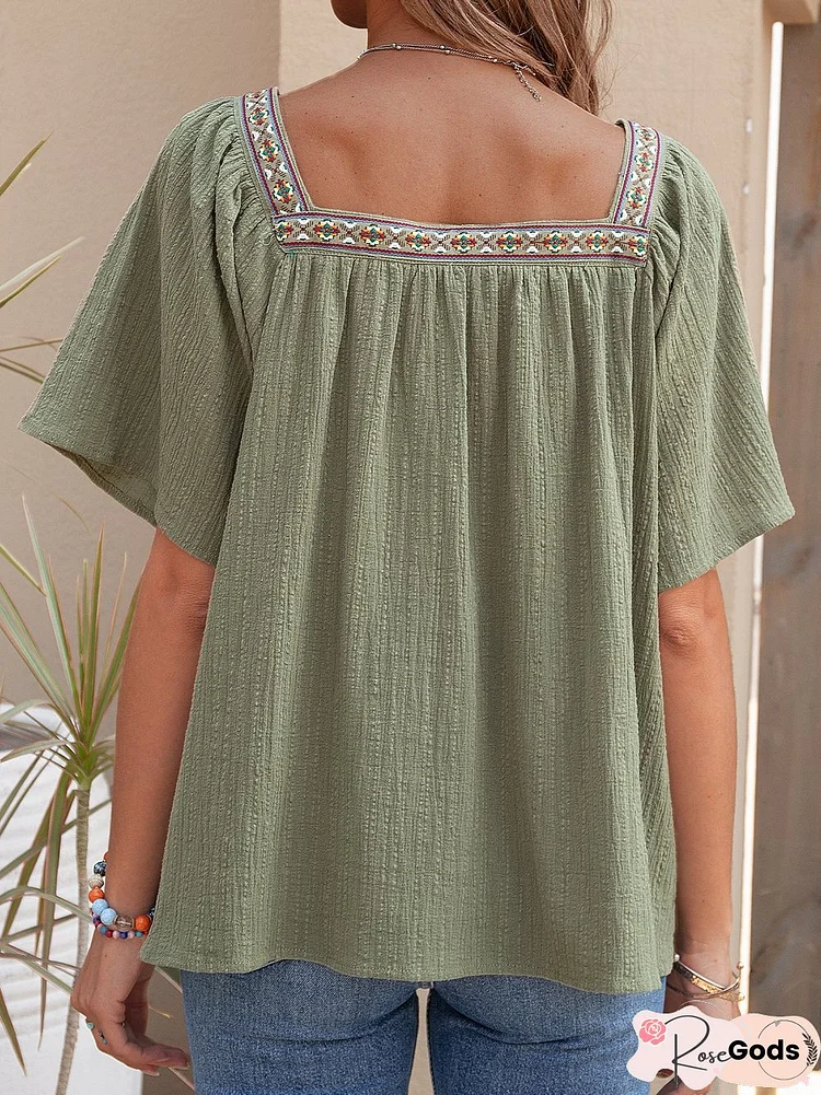 Ethnic Cotton Square Neck Short Sleeve Tops