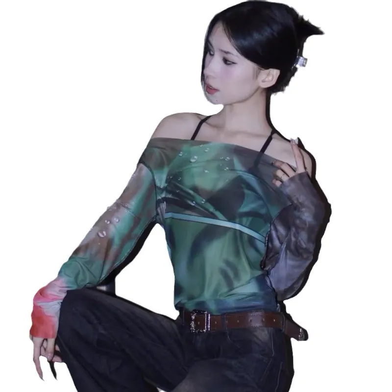 Brownm 2024 Autumn New Mesh Printing Shoulder Cover Long-Sleeved Casual Women's Top
