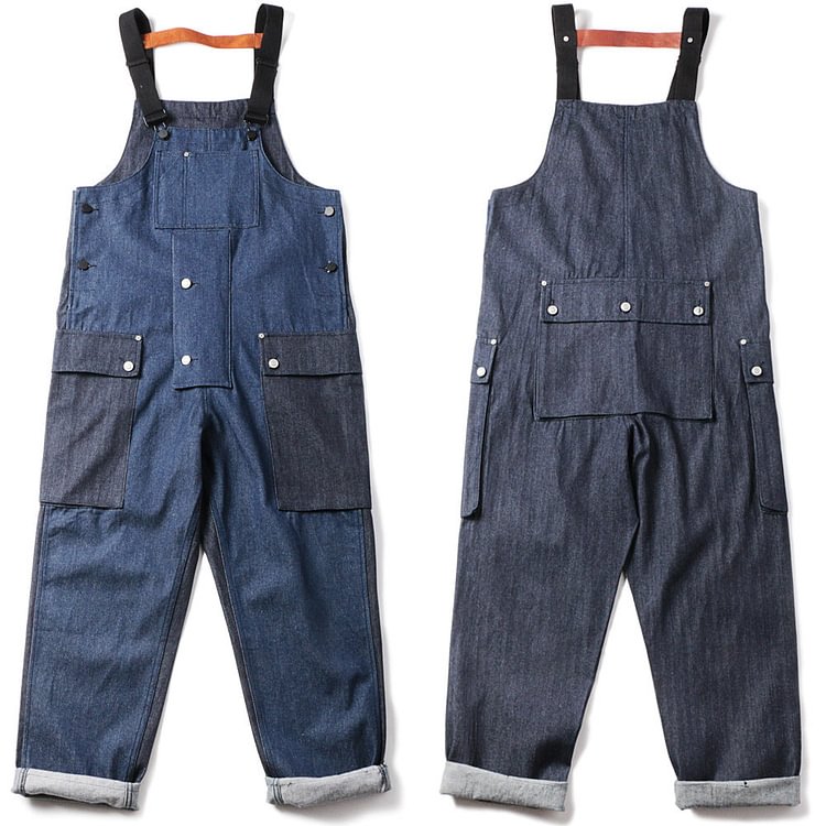 Patchwork Denim Overalls Men's Large Size Retro Sports Trousers Cargo Overalls Suspenders Loose Work Clothes Men Denim Overalls
