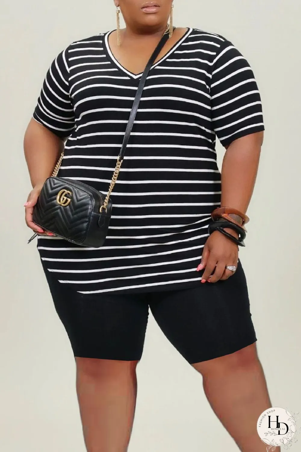 White Casual Striped Print Split Joint V Neck Plus Size Two Pieces