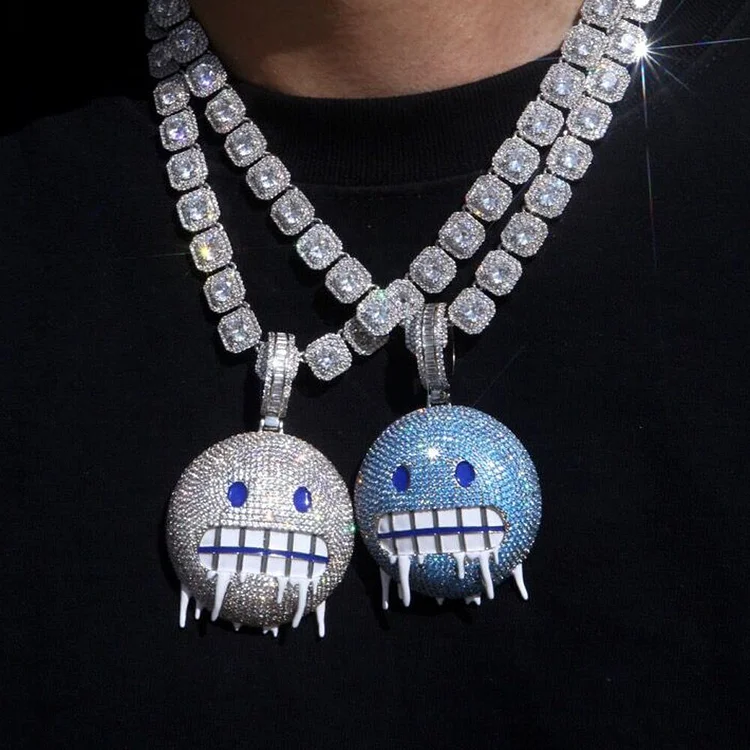 Iced Out Cubic Zirconia Paved Hip Hop Round Face Pendant Necklace Men Jewelry-VESSFUL