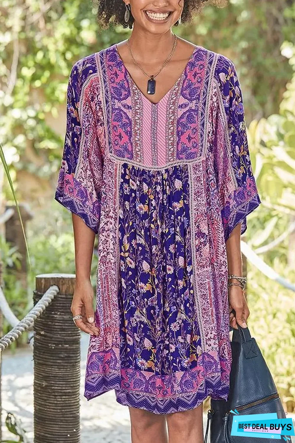 Bohemian Floral Print V-neck Half Sleeves Holiday Midi Dress