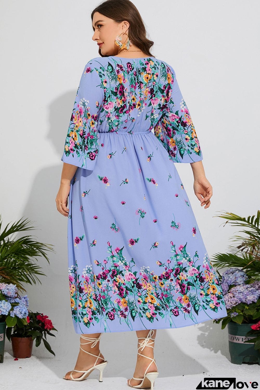 Plus Size Floral V-Neck Three-Quarter Sleeve Midi Dress