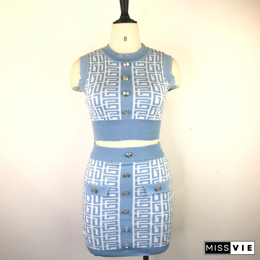 Geometric Knitted Vest Crop Tops Two Piece Skirt Sets