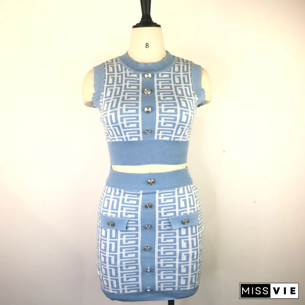 Geometric Knitted Vest Crop Tops Two Piece Skirt Sets