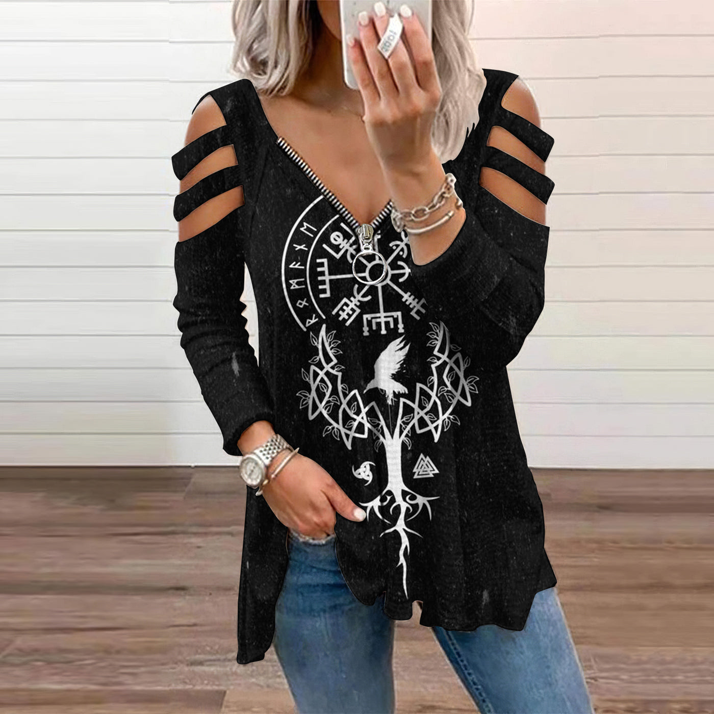 Women's Tribal Pattern Hollow Out Zipper Casual T-Shirt