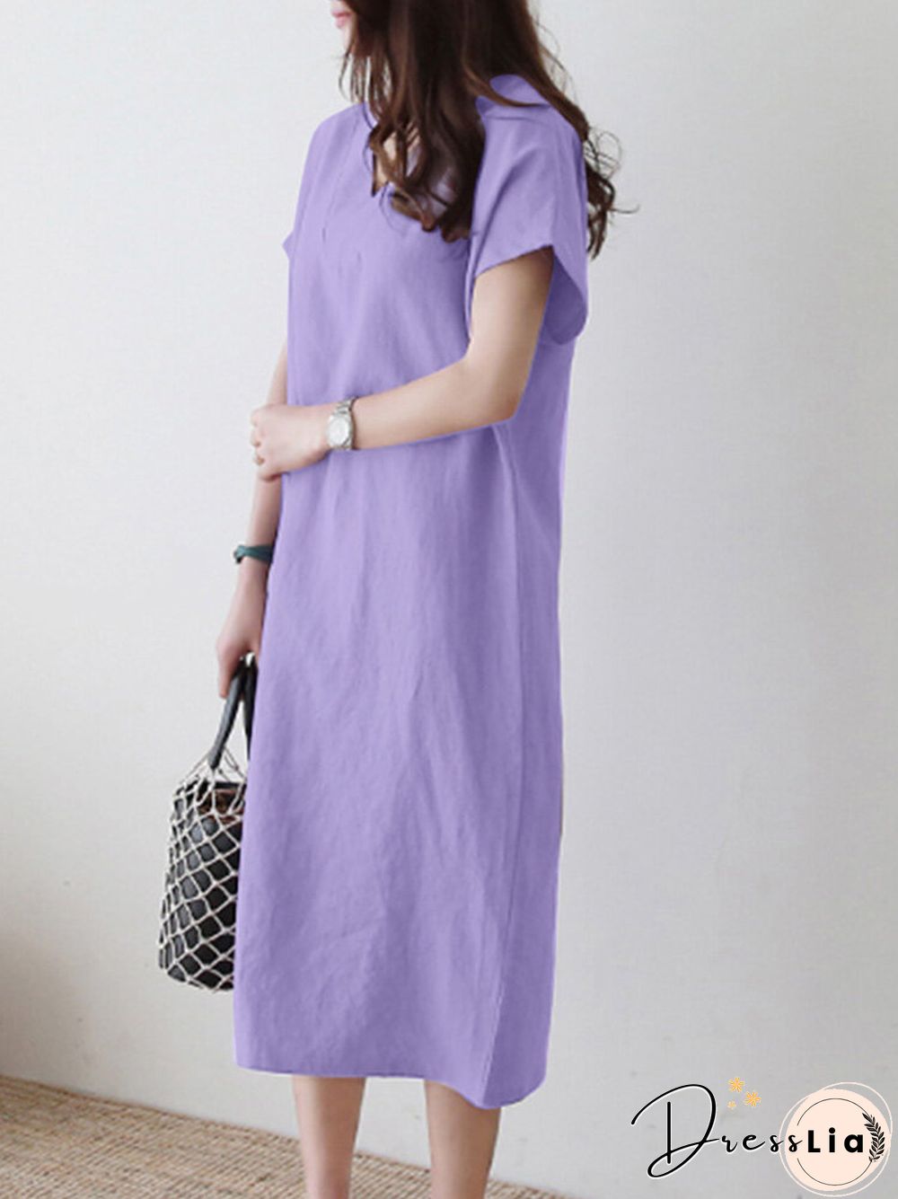 Solid V-neck Short Sleeve Dress For Women
