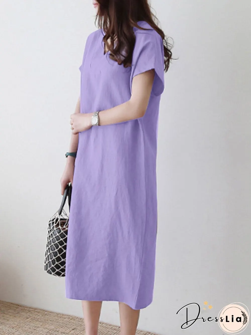 Solid V-neck Short Sleeve Dress For Women