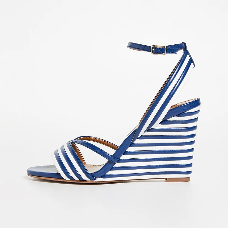 Blue and White Stripe Wedge Heels Open Toe Ankle Strap Sandals |FSJ Shoes