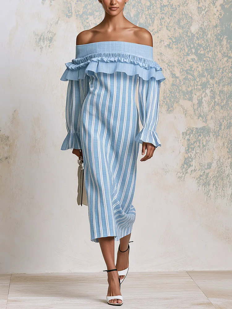 Off Shoulder Blue Striped Ruffle Midi Dress &ndash; Elegant Long Sleeve Summer Dress With Feminine Details