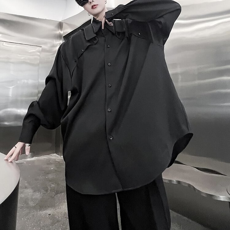 Simple Loose Solid Color Turn-down Collar Splicing Button Collar Long Sleeve Shirt 