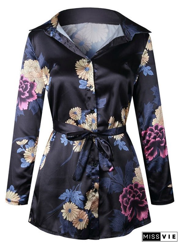 Floral Print Notched Dress Women Summer Long Sleeve Sexy Split