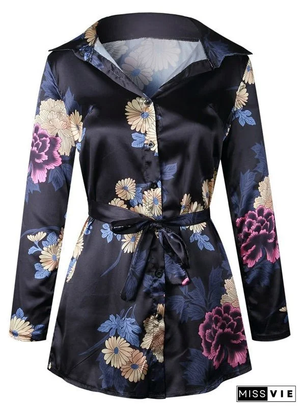 Floral Print Notched Dress Women Summer Long Sleeve Sexy Split