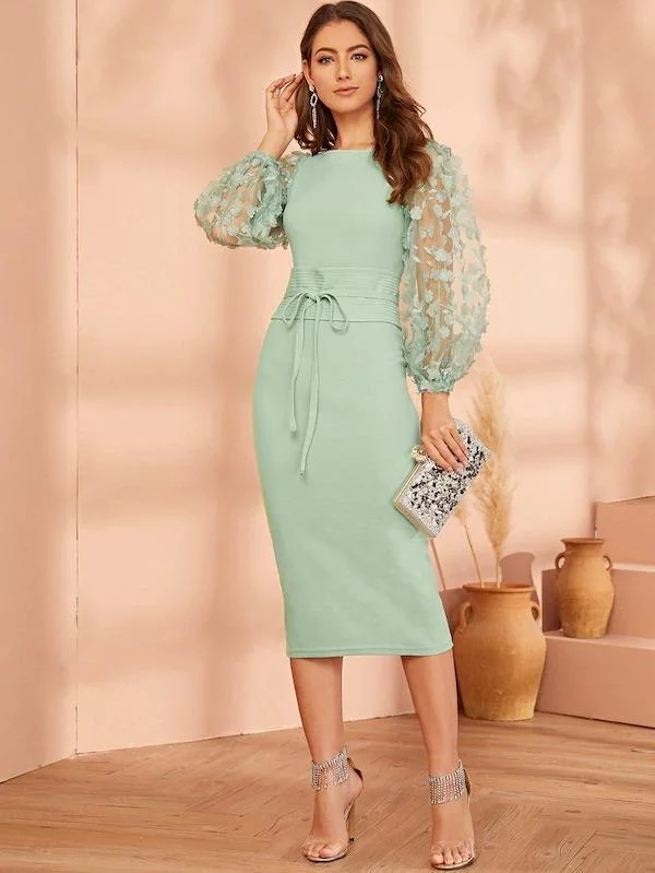 Applique Embroidered Mesh Sleeve Obi Belted Pencil Dress