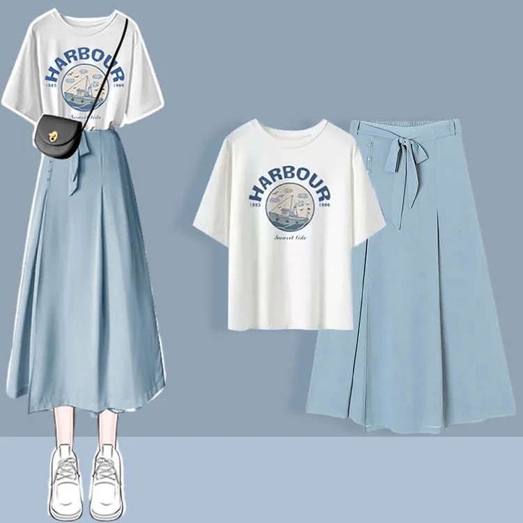 Chic Printed T-Shirt Chiffon Lace Up Split Wide Leg Pants Two Pieces Set - Modakawa modakawa