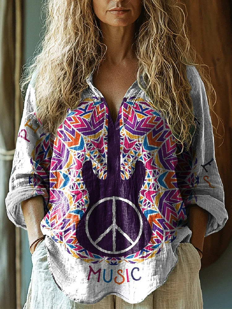 Women's Bright Mandala Guitar Hippie Graphic Art Print Casual Linen V Neck Shirt
