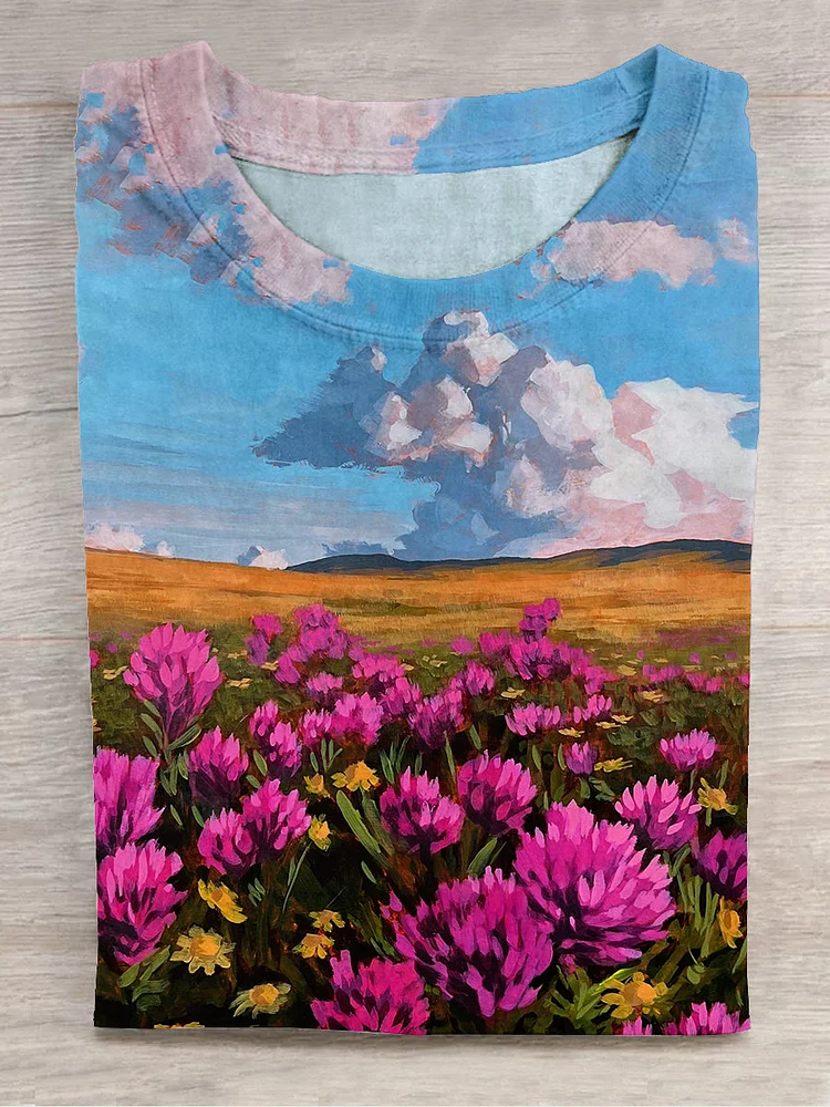 Unisex Mountain Flower Art Print Round Neck Short Sleeve T-Shirt