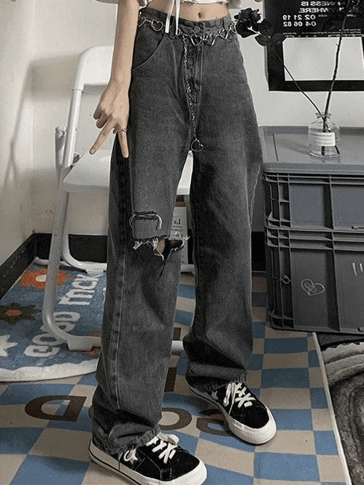 Brownm Vintage Wash Frayed Ripped Jeans