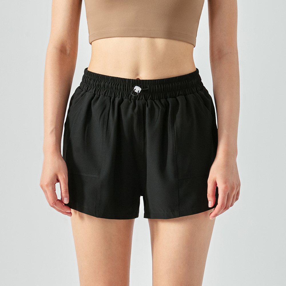 Buy Black 4 way stretch anti wardrobe malfunction comfortable polyester spandex fake 2 pieces gym running shorts with pockets of high quality on Hergymclothing