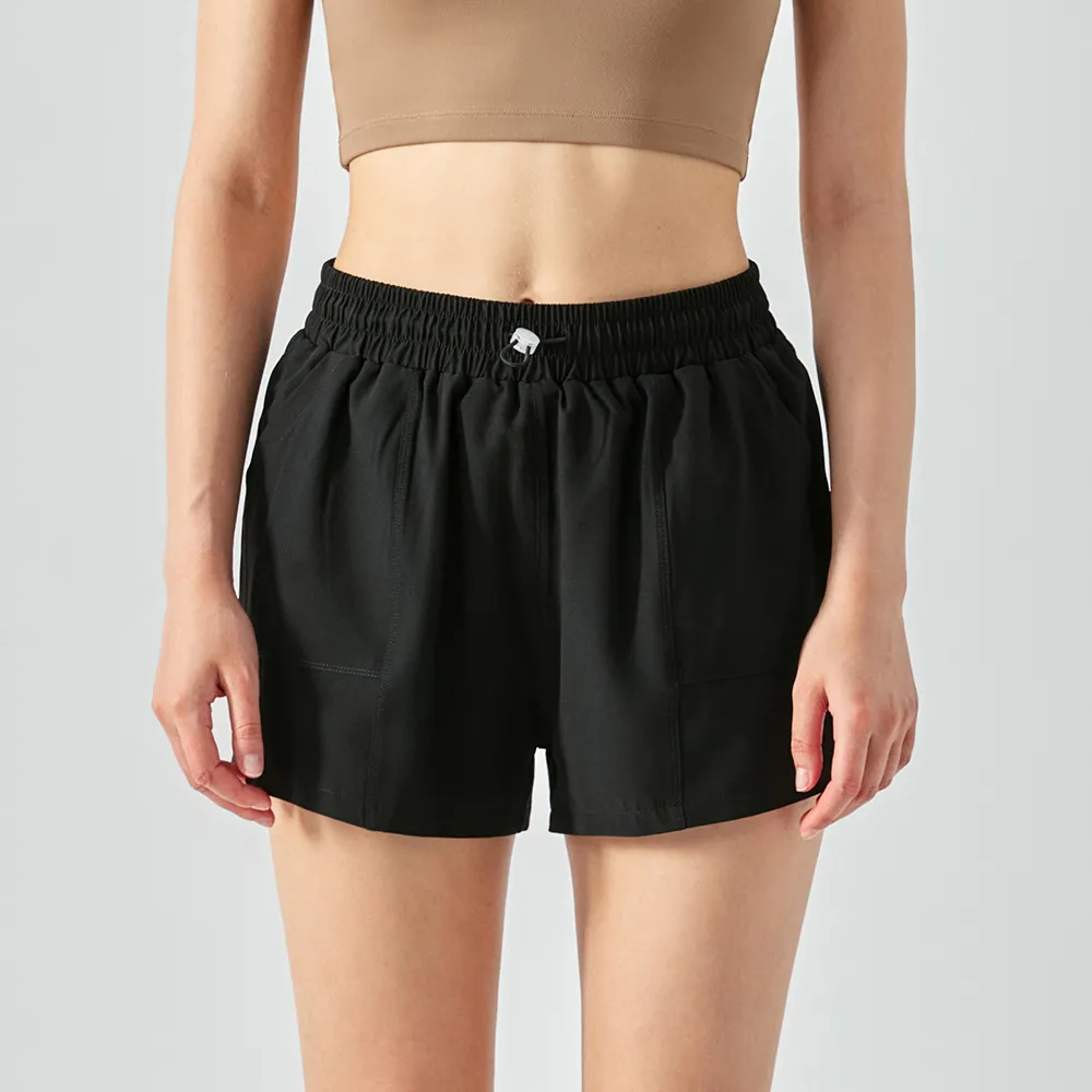Buy Black 4 way stretch anti wardrobe malfunction comfortable polyester spandex fake 2 pieces gym running shorts with pockets of high quality on Hergymclothing