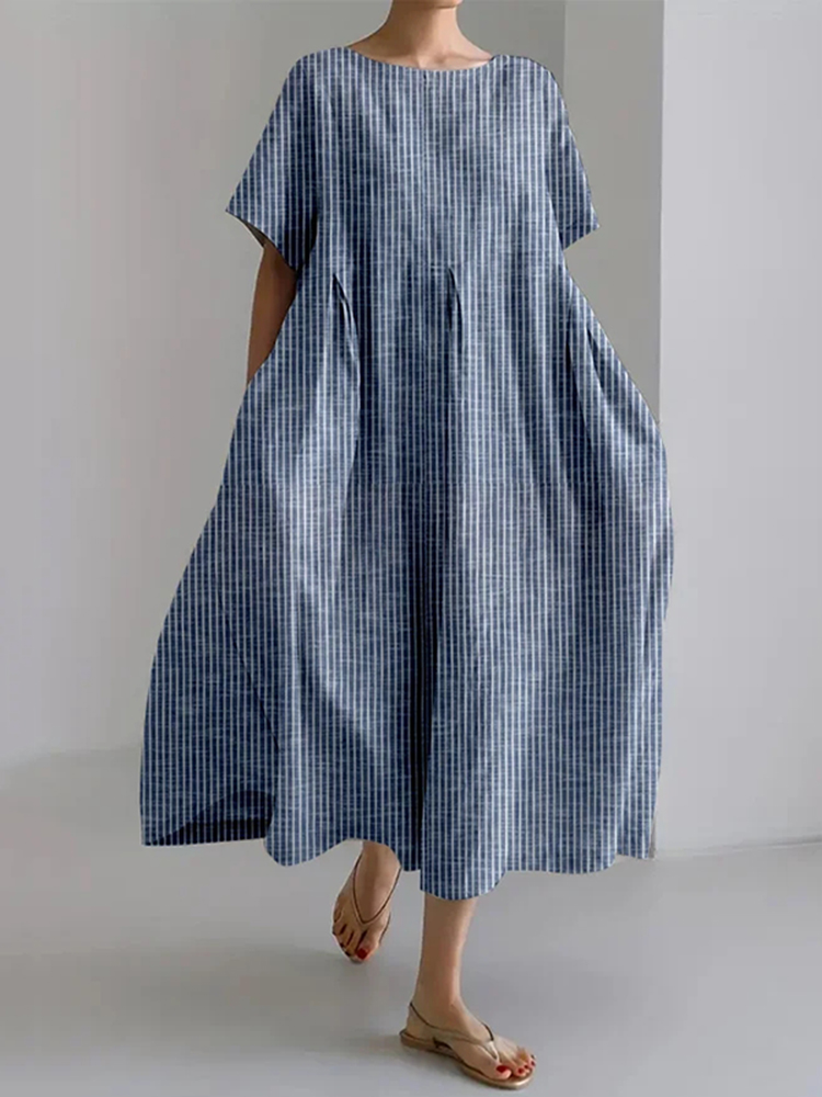 Comstylish Retro Striped Design Loose Cotton And Linen Round Neck Long Dress