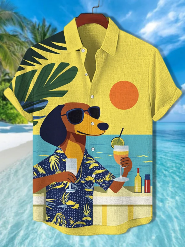 Men's Dachshund Drinking Cocktail International Dog Day Vacation Art Print Casual Shirt