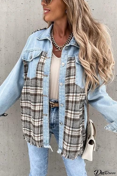 Checked Patchwork Pockets Denim Jacket