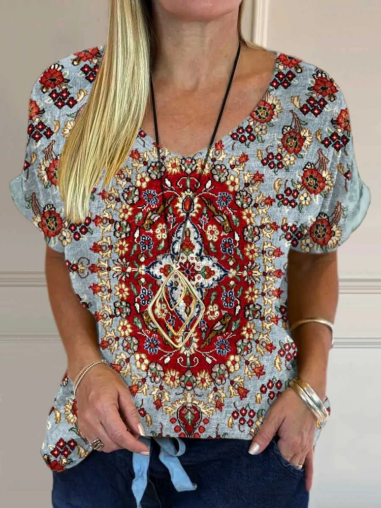 Women's Vintage Lovely Floral Art Print Casual Cotton And Linen Shirt