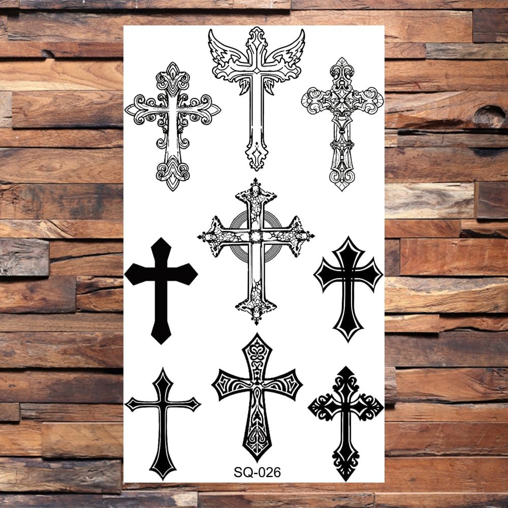 Black Cross Temporary Tattoos For Men Adults Realistic Wings Feather Thorn Crown Fake Tattoo Sticker Arm Back Tatoos Waterproof