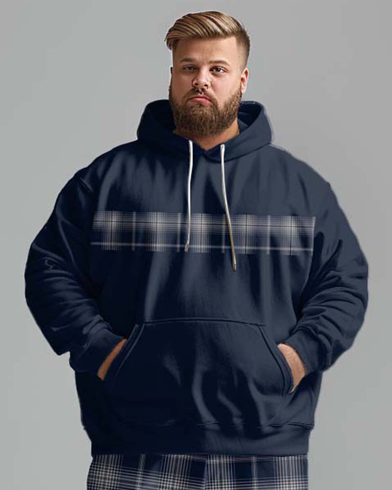 Men's Street Fashion Blue Classic Plaid Spliced Plus Size Hoodie Suit